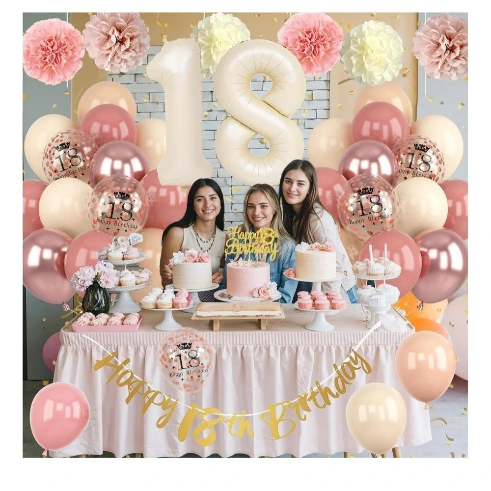 18th Birthday Decorations for Girl Retro Blush Pink Birthday Balloons Happy 1...